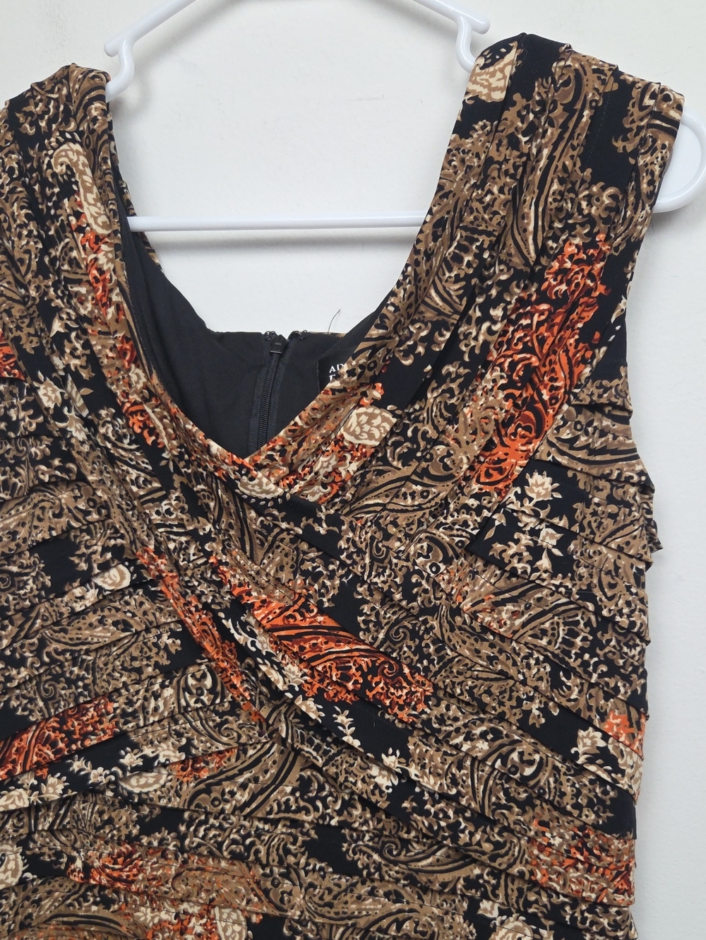Adrianna Papell Classic Sleeveless Elegant Pleated Midi Dress Paisley Warm Tones - Picture 6 of 13